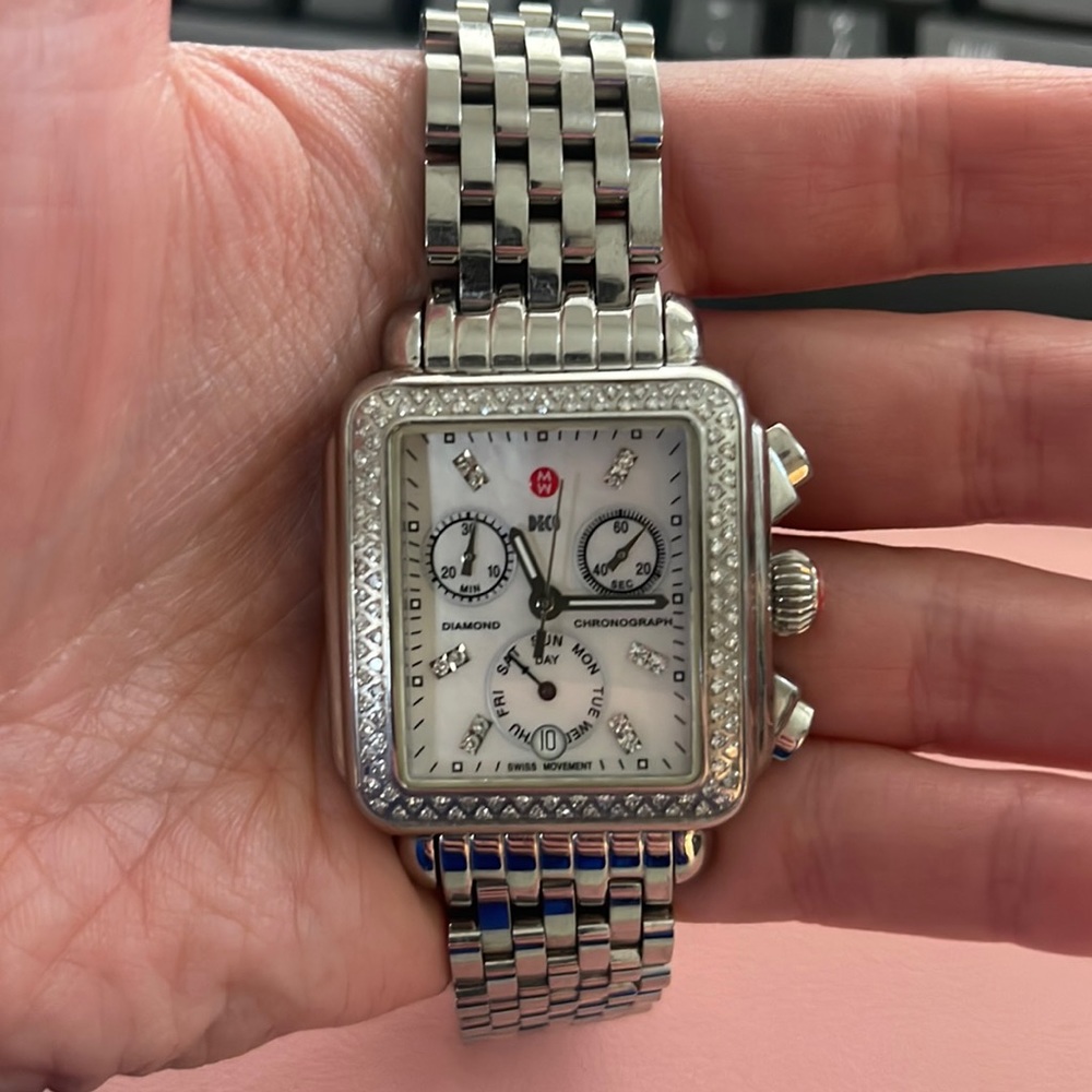 Michele Women’s Deco Diamond Accented Stainless Steal Watch